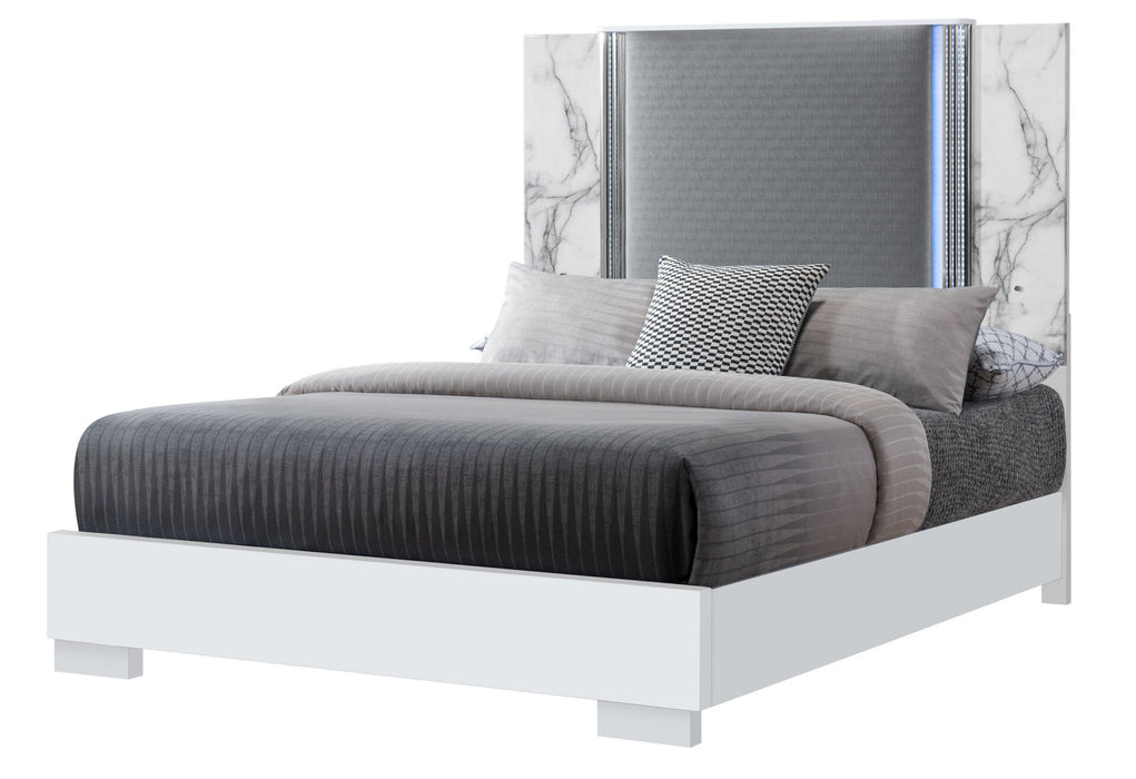 Ylime White Marble Queen Bed With Led